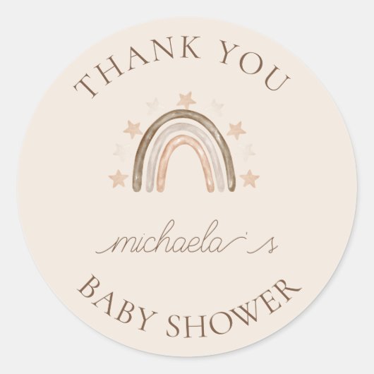 Gepersonaliseerde Boho Rainbow Baby shower Bedankt Ronde Sticker (Voorkant)
