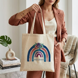 gepersonaliseerde Boho Regenboog met Bloemen  Tote Bag
