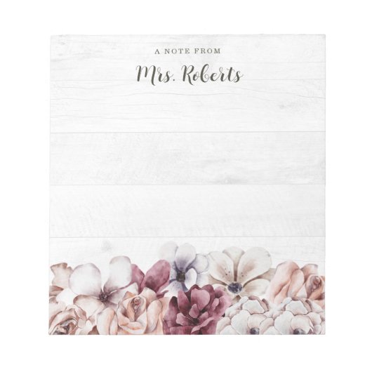 Gepersonaliseerde Boho Rustic Floral leraar Notitieblok (Voorkant)