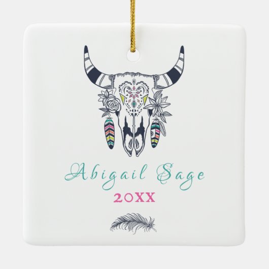 Gepersonaliseerde Boho Tribal Skull Turquoise en P Keramisch Ornament (Achterkant)