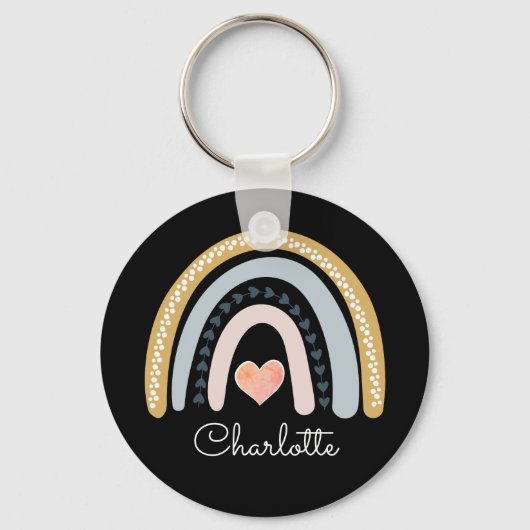 Gepersonaliseerde Boho Waterverf Rainbow Black Sleutelhanger (Voorkant)