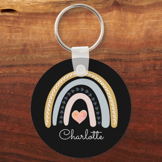 Gepersonaliseerde Boho Waterverf Rainbow Black Sleutelhanger (Voorkant)