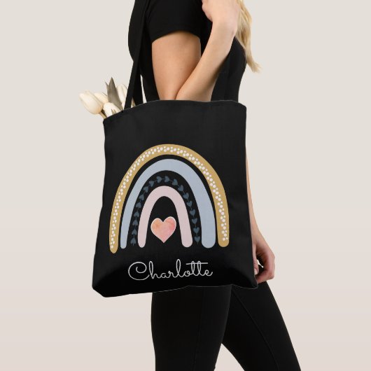 Gepersonaliseerde Boho Waterverf Rainbow Black Tote Bag (Dichtbij)