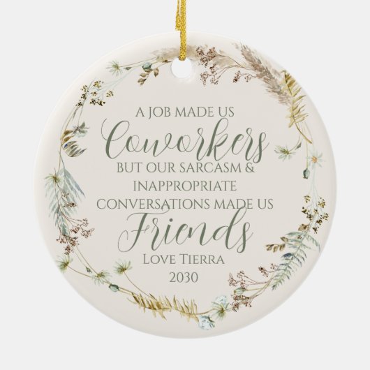 Gepersonaliseerde Boho Wildflower Coworker Kerstmi Keramisch Ornament (Achterkant)