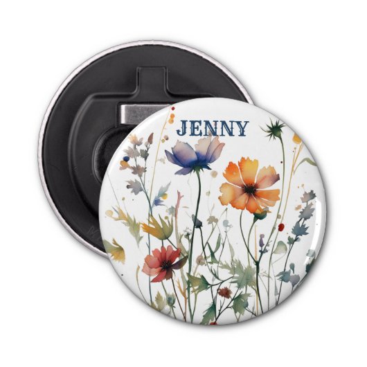Gepersonaliseerde Boho Wildflowers Huwelijksgunst  Button Flesopener (Voorkant)