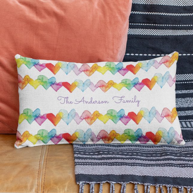 Gepersonaliseerde Bold Modern Waterverf Hearts Kussen (Home is where the heart pillow is! Rainbow hand-painted hearts complete the boho look.)