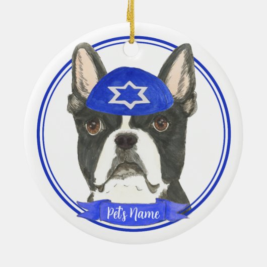 Gepersonaliseerde Boston Terrier Chanoeka Yarmulke Keramisch Ornament (Achterkant)