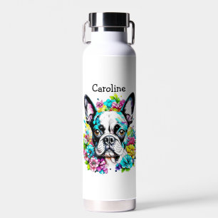 Gepersonaliseerde Boston Terrier omringd door Bloe Waterfles