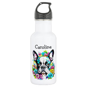 Gepersonaliseerde Boston Terrier omringd door Bloe Waterfles