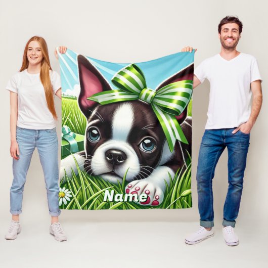 Gepersonaliseerde Boston Terrier-puppy met groene  Fleece Deken (In situ)