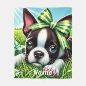 Gepersonaliseerde Boston Terrier-puppy met groene  Fleece Deken (Voorkant)