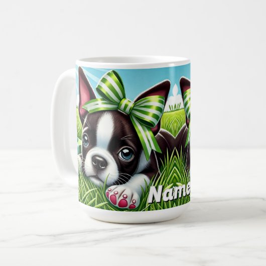 Gepersonaliseerde Boston Terrier-puppy met groene  Koffiemok (Voorkant links)