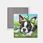 Gepersonaliseerde Boston Terrier-puppy met groene Magneet (Voorkant / Achterkant)