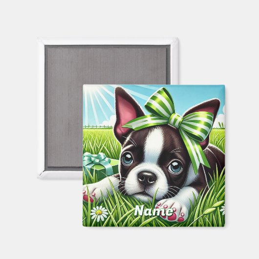 Gepersonaliseerde Boston Terrier-puppy met groene Magneet (Voorkant / Achterkant)