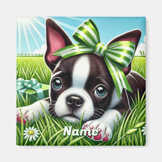 Gepersonaliseerde Boston Terrier-puppy met groene Magneet (Voorkant)