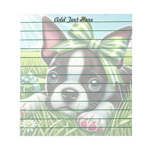 Gepersonaliseerde Boston Terrier-puppy met groene  Notitieblok (Voorkant)