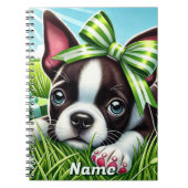 Gepersonaliseerde Boston Terrier-puppy met groene Notitieboek (Voorkant)