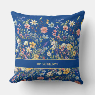 Gepersonaliseerde Botanische Bloemen Kobalt Blauw Kussen