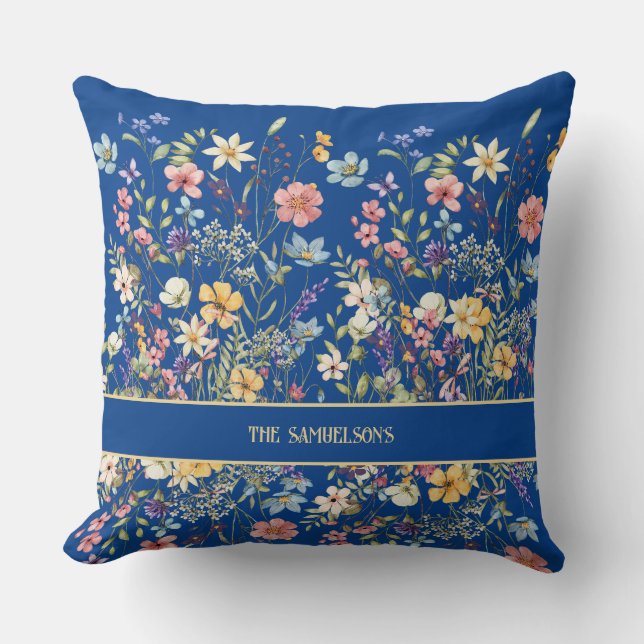 Gepersonaliseerde Botanische Bloemen Kobalt Blauw Kussen (Voorkant)