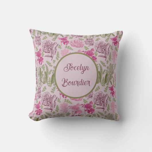 Gepersonaliseerde Botanische Roze Pioen Eucalyptus Kussen (Voorkant)