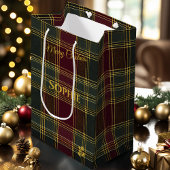 Gepersonaliseerde Bourgogne en Green Plaid Kerstmi Medium Cadeauzakje