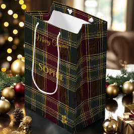 Gepersonaliseerde Bourgogne en Green Plaid Kerstmi Medium Cadeauzakje