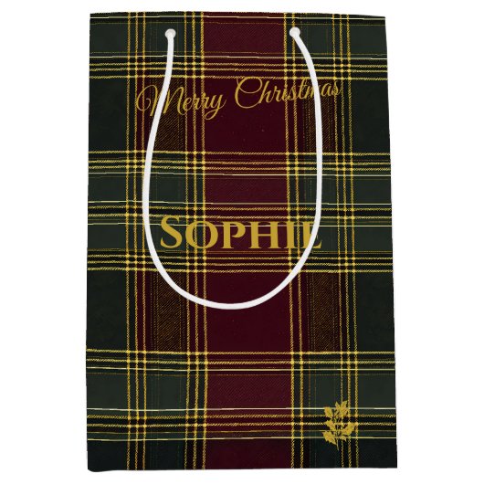 Gepersonaliseerde Bourgogne en Green Plaid Kerstmi Medium Cadeauzakje (Voorkant)