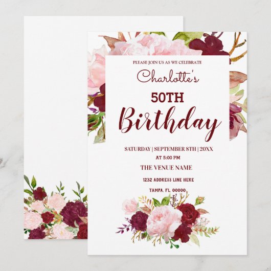 Gepersonaliseerde Bourgogne Floral Birthday Kaart (Voorkant / Achterkant)