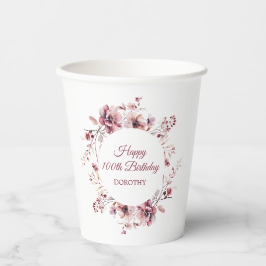 Gepersonaliseerde Bourgogne Roze Bloemen 100ste Ve Papieren Bekers (Voorkant)