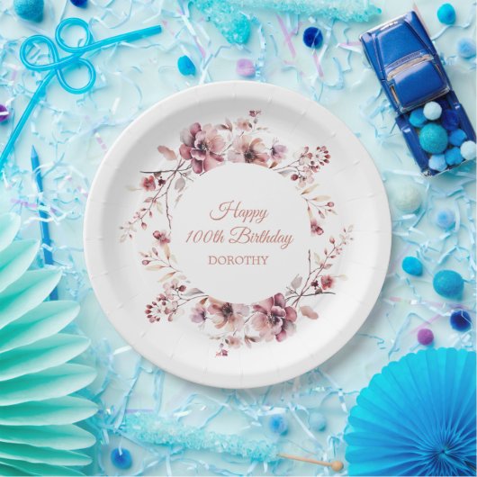 Gepersonaliseerde Bourgogne Roze Bloemen 100ste Ve Papieren Bordje (Feest)