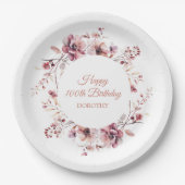 Gepersonaliseerde Bourgogne Roze Bloemen 100ste Ve Papieren Bordje (Voorkant)