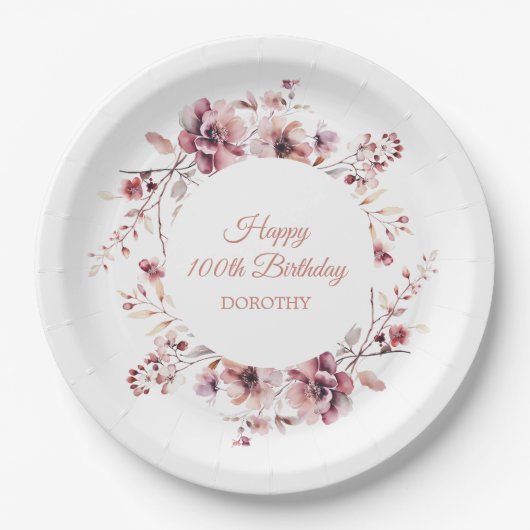 Gepersonaliseerde Bourgogne Roze Bloemen 100ste Ve Papieren Bordje (Voorkant)