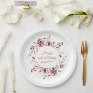 Gepersonaliseerde Bourgogne Roze Bloemen 40e Verja Papieren Bordje