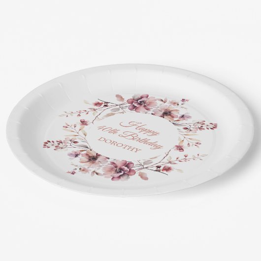 Gepersonaliseerde Bourgogne Roze Bloemen 40e Verja Papieren Bordje (Gekanteld)