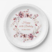 Gepersonaliseerde Bourgogne Roze Bloemen 40e Verja Papieren Bordje (Voorkant)