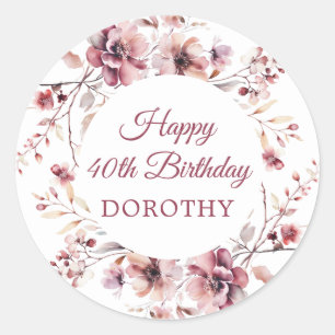 Gepersonaliseerde Bourgogne Roze Bloemen 40e Verja Ronde Sticker