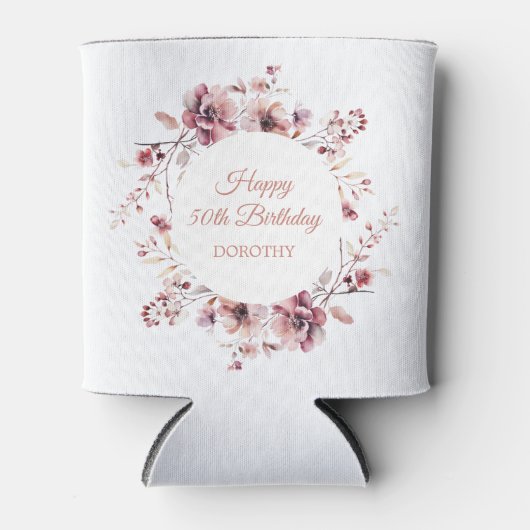 Gepersonaliseerde Bourgogne Roze Bloemen 50ste Ver Blikjeskoeler (Voorkant)