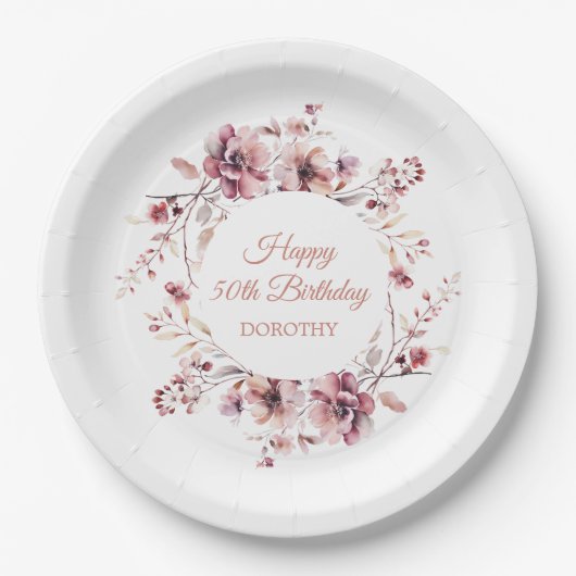 Gepersonaliseerde Bourgogne Roze Bloemen 50ste Ver Papieren Bordje (Voorkant)