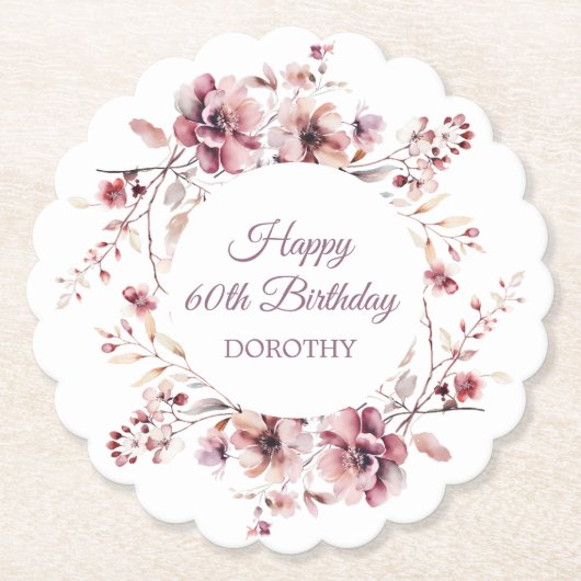 Gepersonaliseerde Bourgogne Roze Bloemen 60ste Ver Kartonnen Onderzetters (Voorkant)