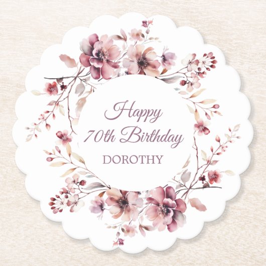 Gepersonaliseerde Bourgogne Roze Bloemen 70e Verja Kartonnen Onderzetters (Voorkant)