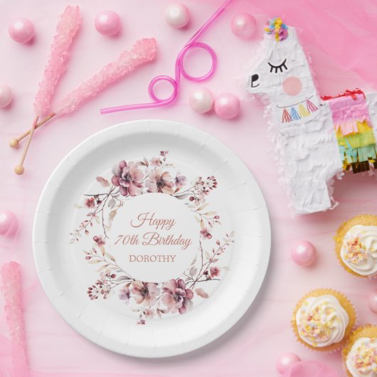 Gepersonaliseerde Bourgogne Roze Bloemen 70e Verja Papieren Bordje (Feest)