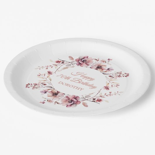 Gepersonaliseerde Bourgogne Roze Bloemen 70e Verja Papieren Bordje (Gekanteld)