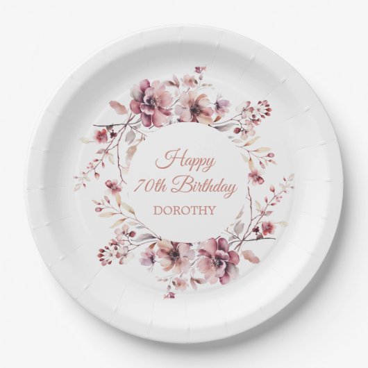 Gepersonaliseerde Bourgogne Roze Bloemen 70e Verja Papieren Bordje (Voorkant)