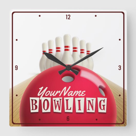 Gepersonaliseerde Bowling Ball Lanes Pins Retro Le Vierkante Klok (Voorkant)