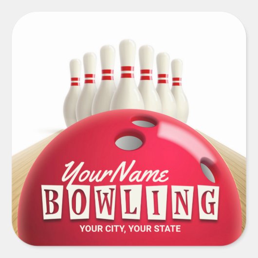 Gepersonaliseerde Bowling Ball Lanes Pins Retro Le Vierkante Sticker (Voorkant)