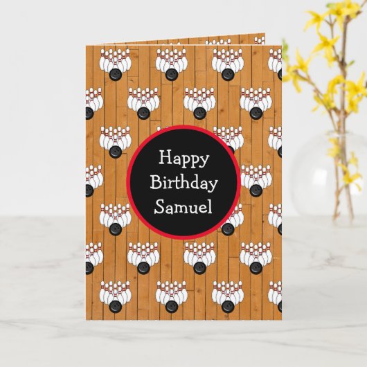 Gepersonaliseerde Bowling Thmed Birthday Kaart (Gele Bloem)