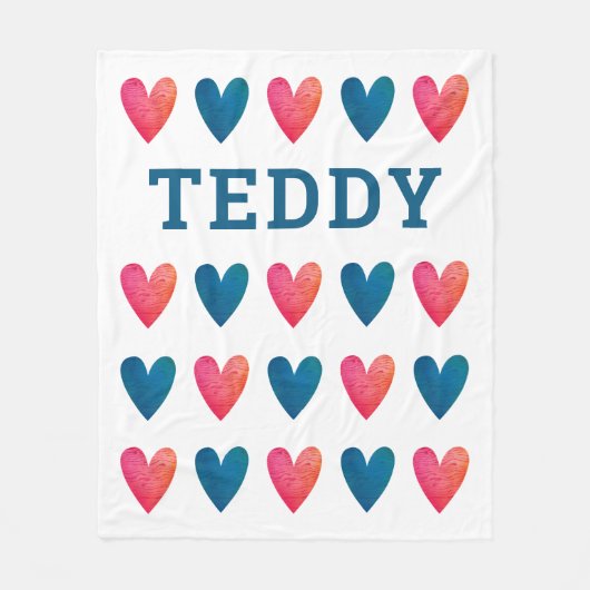 Gepersonaliseerde Boy Blue Red Hearts Valentijnsda Fleece Deken (Voorkant)