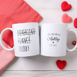Gepersonaliseerde Boyfriend Fiancé Hubby Grappig G Tweekleurige Koffiemok<br><div class="desc">Verhoog je ochtenden met onze gepersonaliseerde mok-trilogie - een oprechte reis van vriendje naar verloofde en ten slotte Hubby. Gemaakt met precisie en versierd met een aangepaste naam, deze mokken zijn een attent geschenk van een liefhebbende vrouw. Of het nu voor een verjaardagsviering of als een gekoesterd huwelijkscadeau is, deze...</div>