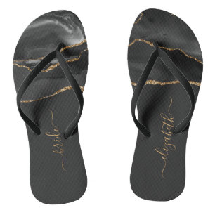 Gepersonaliseerde Bride Black Gold Agate Wedding Teenslippers