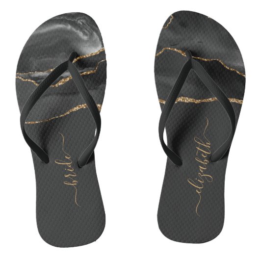 Gepersonaliseerde Bride Black Gold Agate Wedding Teenslippers (Voetbed)